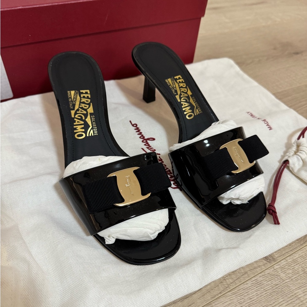 Salvatore Ferragamo Glo 55 Black Patent Heels with Gold Embellishment